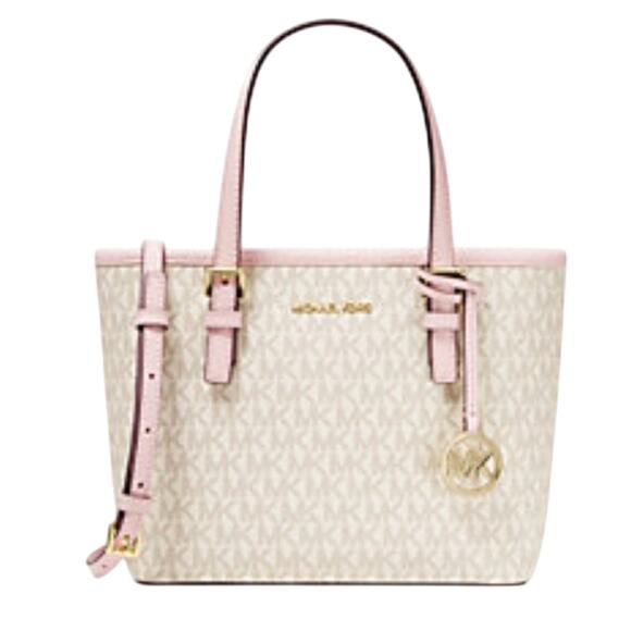 MICHAEL KORS TOP-ZIP TOTE BAG JET SET TRAVEL EXTRA-SMALL LOGO POWDER BLUSH MULTI - Picture 1 of 5